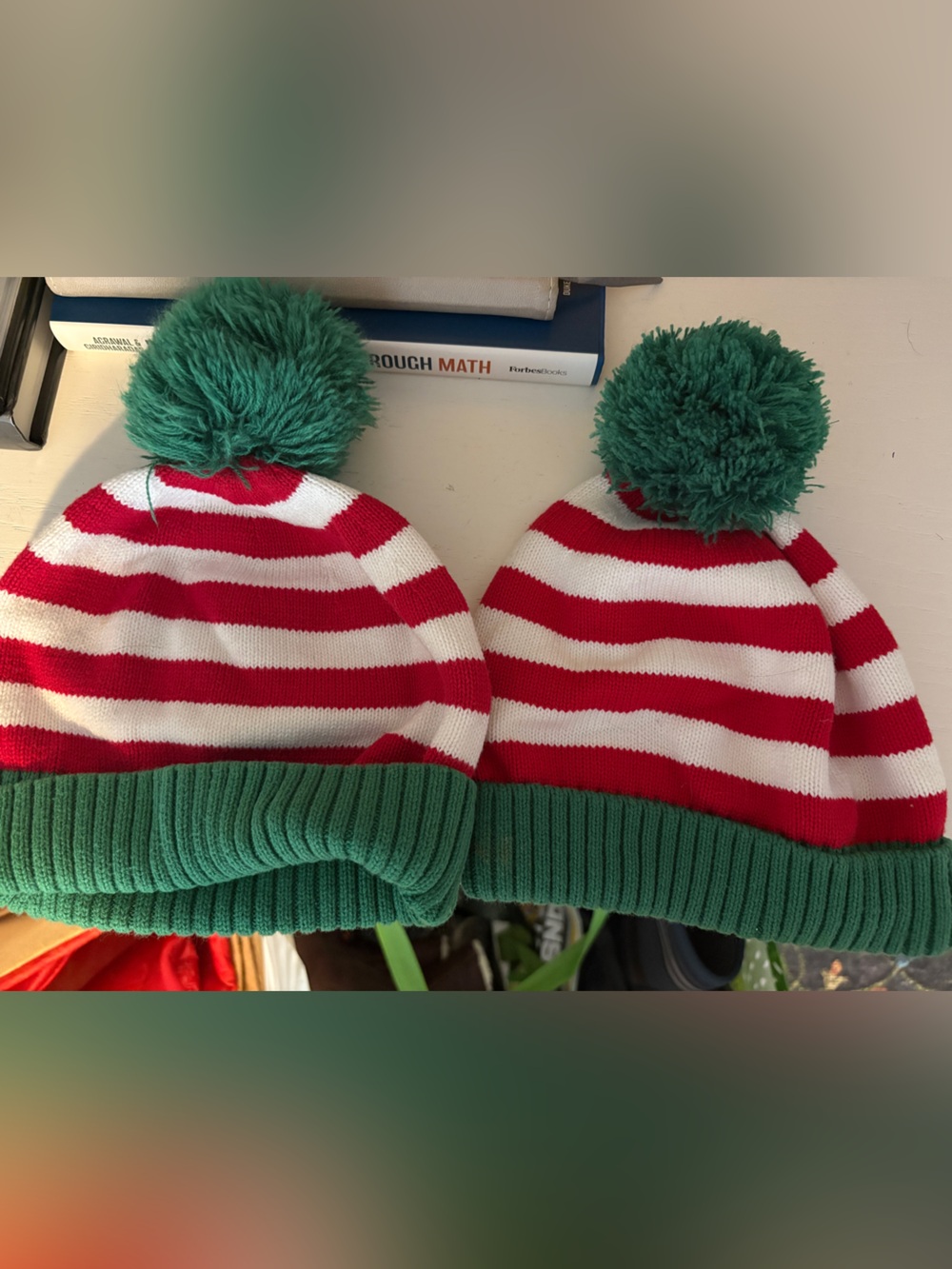 Hanna Andersson Red & White Striped Knit Hats with Green Cuff